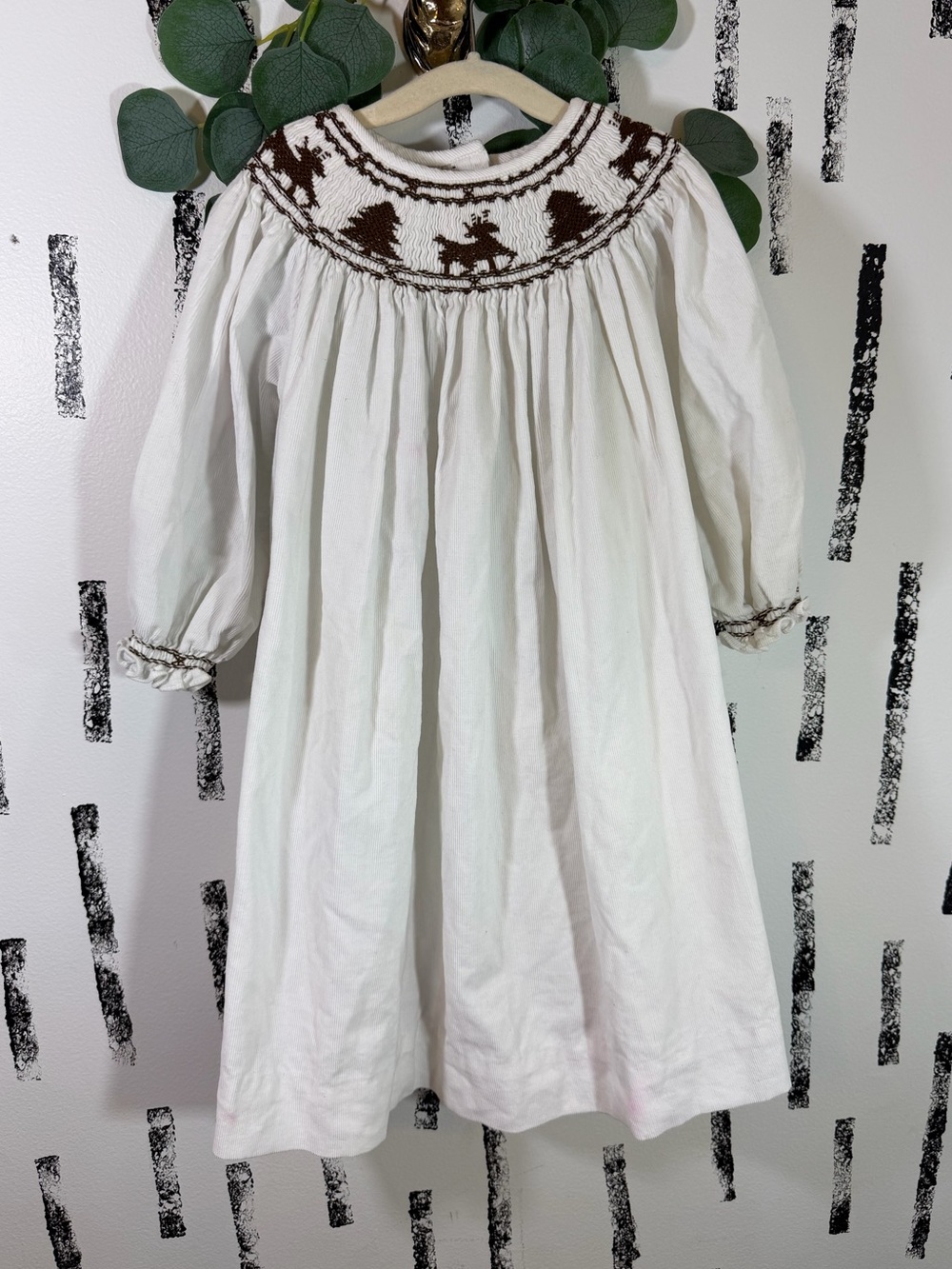 Royal Child Christmas Smock Dress White/Brown Corduroy Size 3T